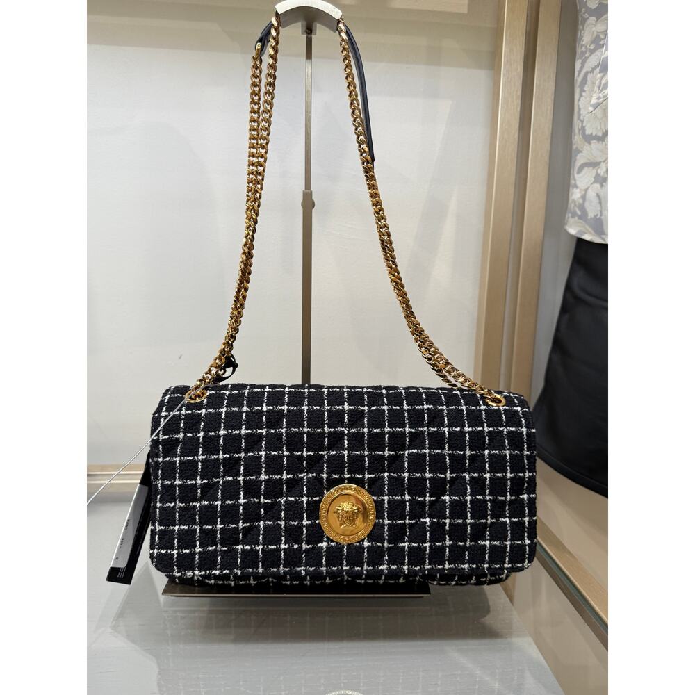 Versace black white tweet fabric leather flap bag